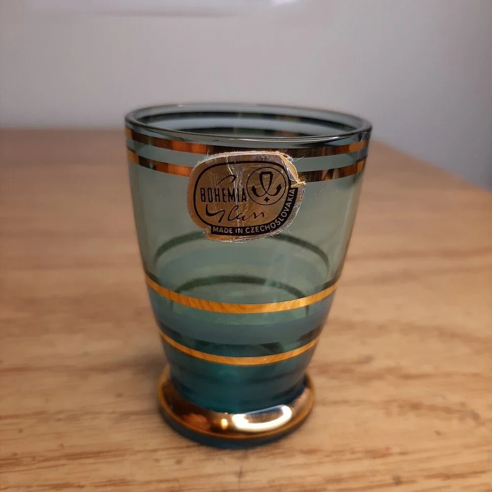 Vtg Czech Bohemia Glass Aperitif Shot Glass Blue w/ Gold Stripes Sticker label